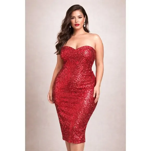 Sexy Red Sequin Strapless Glam Dress XXL Stretchy Curvy Party New Years Eve - Picture 1 of 6